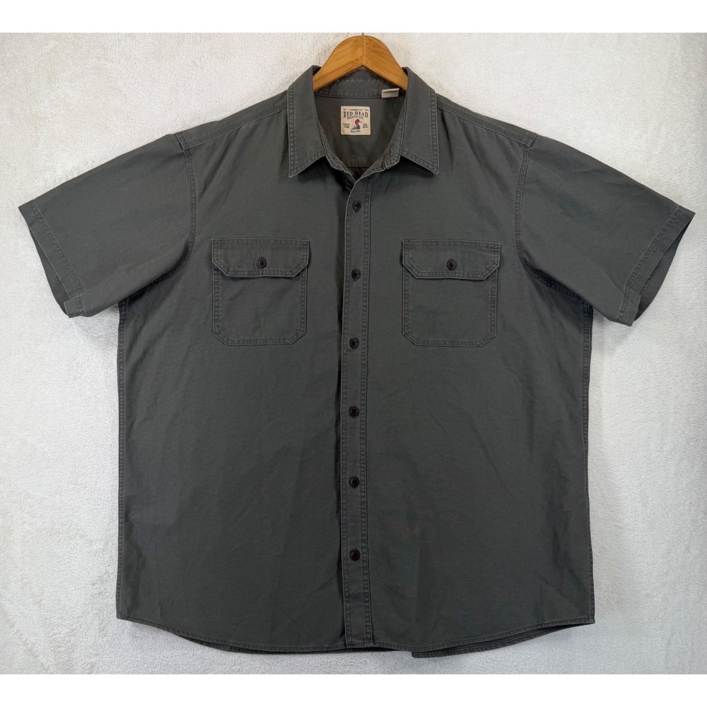 Red Head Brand Co Mens 2XL Short Sleeve Button Down Canvas Work Shirt Olive Grey
